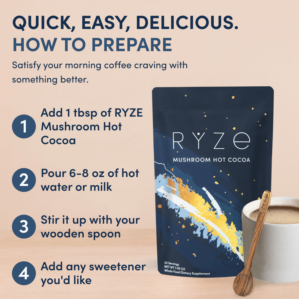 RYZE Mushroom Hot Cocoa — Organic Instant Cocoa with L-Theanine & Melatonin, 20 Servings F4