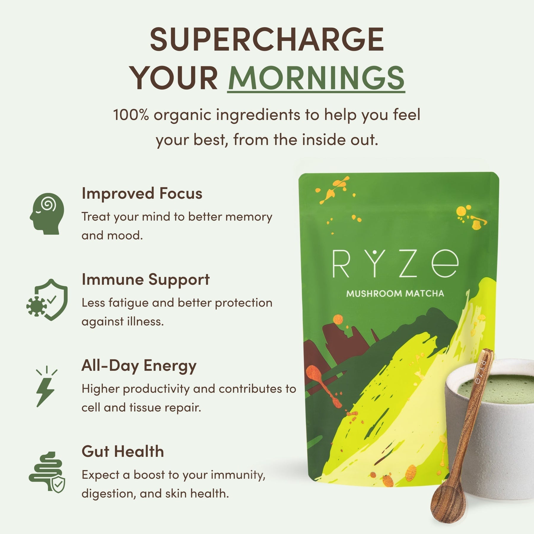 RYZE Mushroom Matcha — Organic Instant Matcha Latte with Lion's Mane & King Trumpet, 30 Servings C6