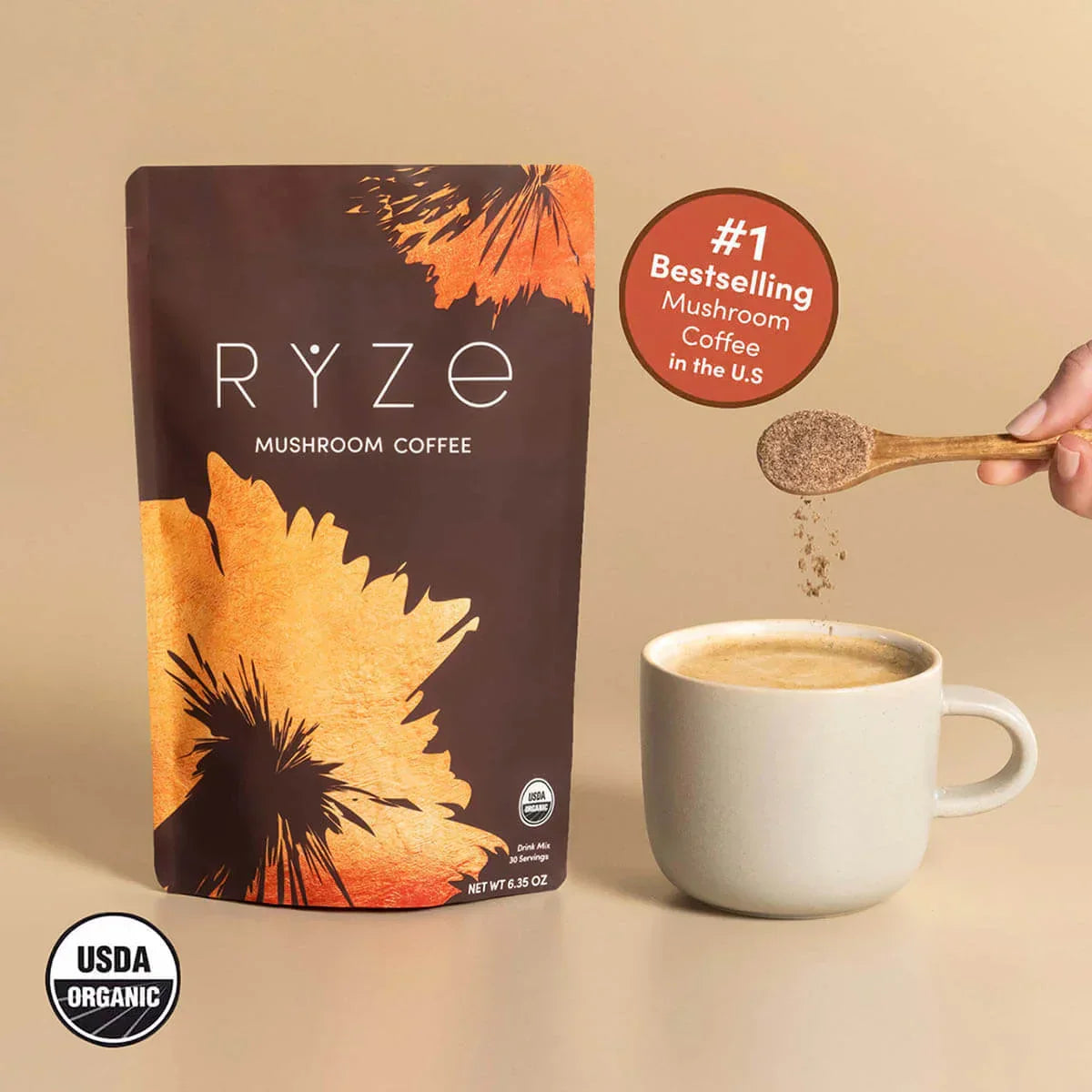RYZE Mushroom Coffee — Organic Instant Coffee with Cordyceps & Reishi, 30 Servings C3
