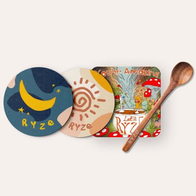 Coasters + Mushroom Magnet + Acacia Spoon V2